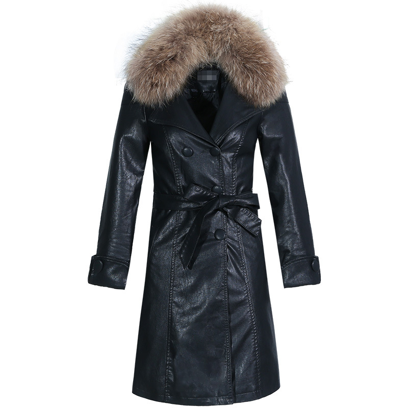 时尚皮质加绒外套 女士冬季新款加绒加厚中长款皮衣外套 大毛领系带大衣