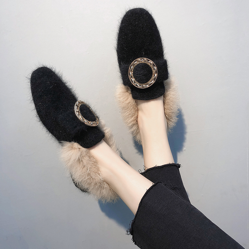新品社会毛毛鞋女冬季外穿2018新款平底豆豆鞋女加绒保暖孕妇棉鞋瓢鞋 黑色 37
