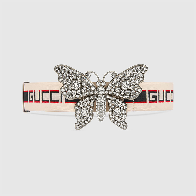 古驰/GUCCI 饰蝴蝶和Gucci印花条纹织带腰带