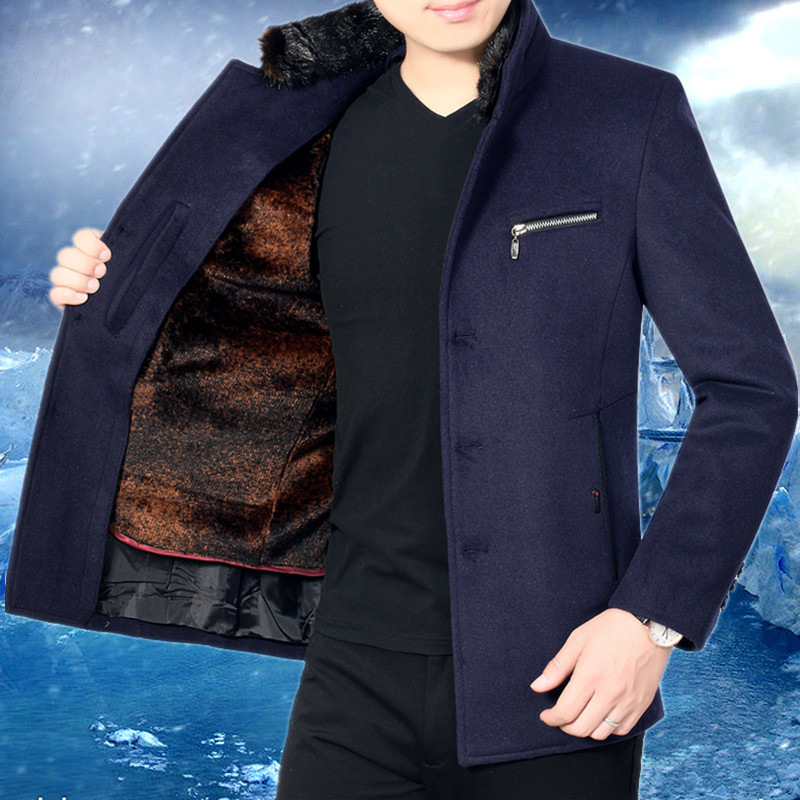 春夏季新品中年男士夹克 冬季新款男装羊毛呢子外套 加绒加厚大衣 爸爸装