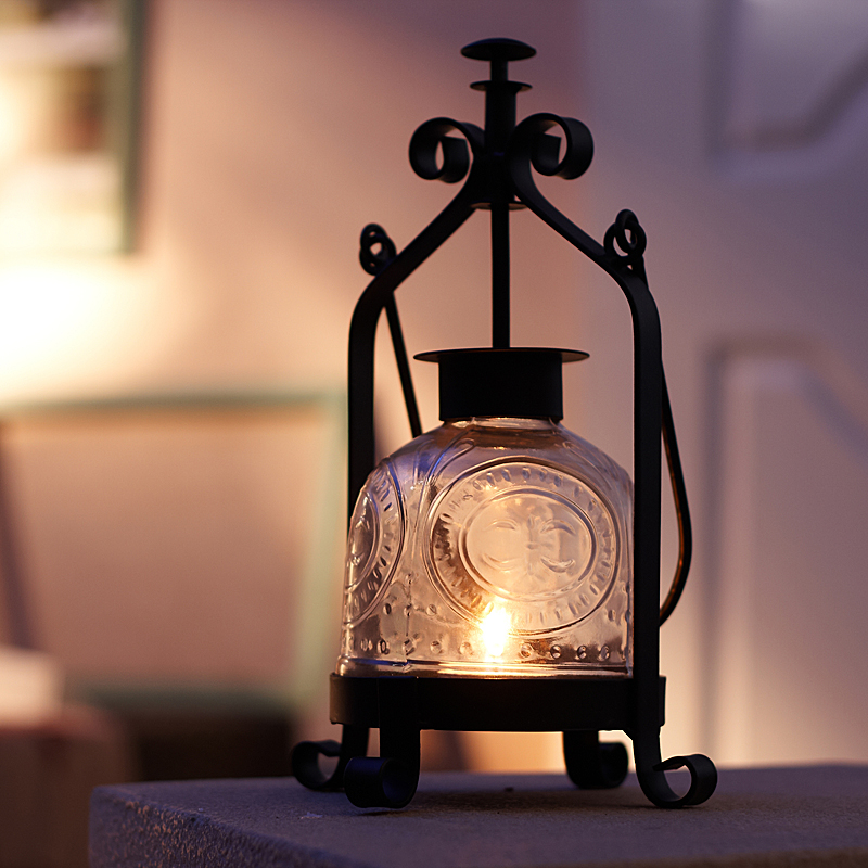 油灯复古老式铁艺玻璃烛台北欧风烛光晚餐道具装饰摆件手提蜡烛灯
