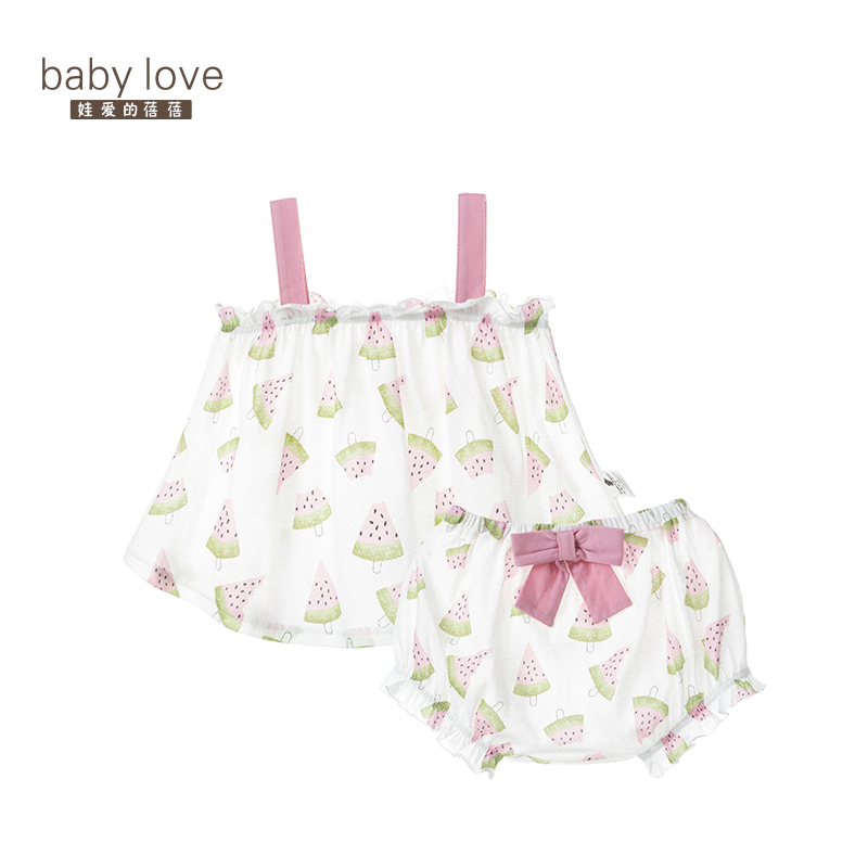 babylove婴儿吊带背心套装女童夏季薄款宝宝纯棉网眼提花