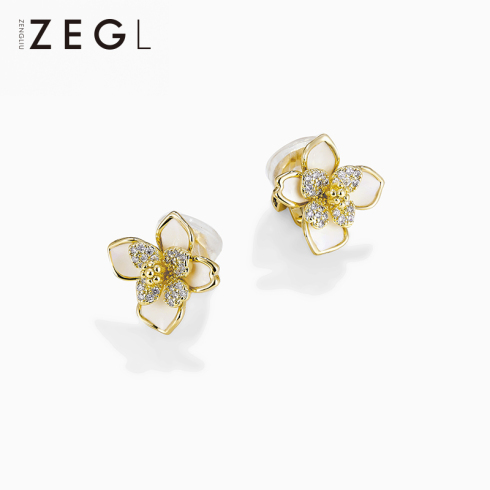 ZEGL气质小花朵耳钉小众设计感高级耳环耳夹无耳洞耳饰