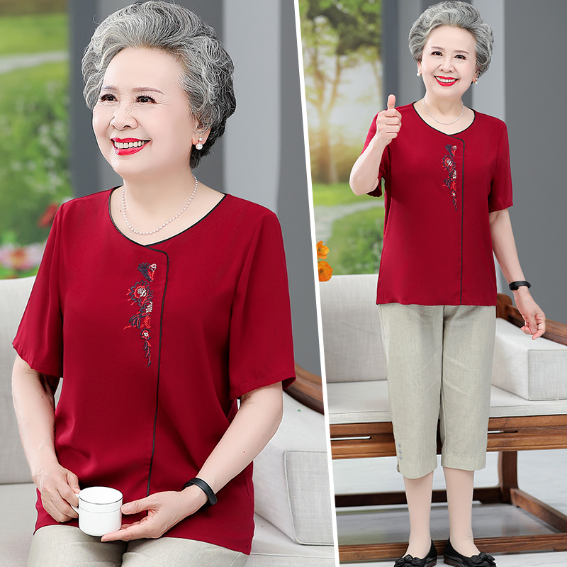 中老年夏装女中国风刺绣短袖套装奶奶装60岁70T恤老太太两件套