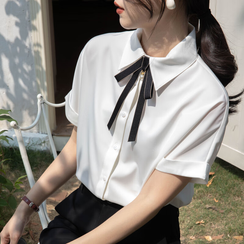 初申夏季短袖衬衫女蝴蝶结垂感职业雪纺衫白衬衣S133C1599