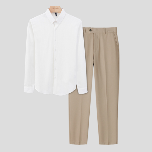 衬衫男高级感白色条纹衬衣长袖夏季新款商务套装上衣西裤男两件套