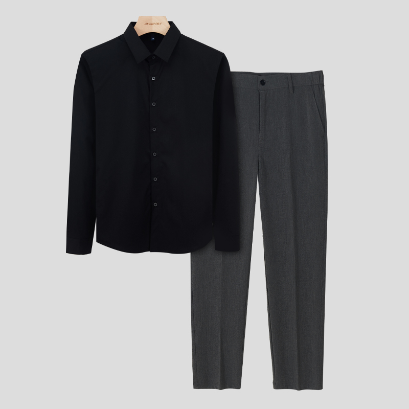衬衫男长袖高级感黑色衬衣新款商务正装套装男上衣灰色西裤两件套