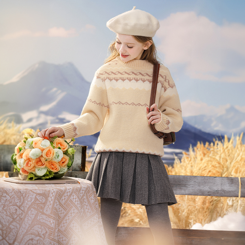 女童针织毛衣 冬季 复古儿童提花针织衫中大童圆领保暖上衣